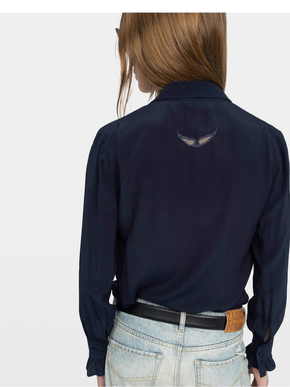 Zadig & Voltaire Thely Viscose Embroidered Button Up Shirt in Navy NWT